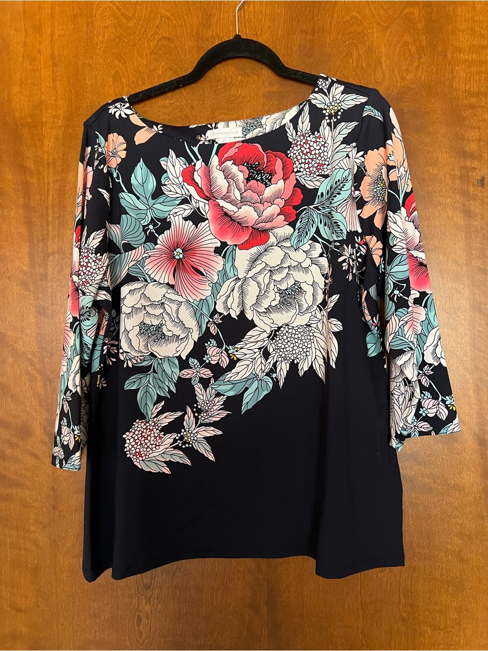 Charter Club Black Scoop Neck Tunic with Coral & Mint Floral